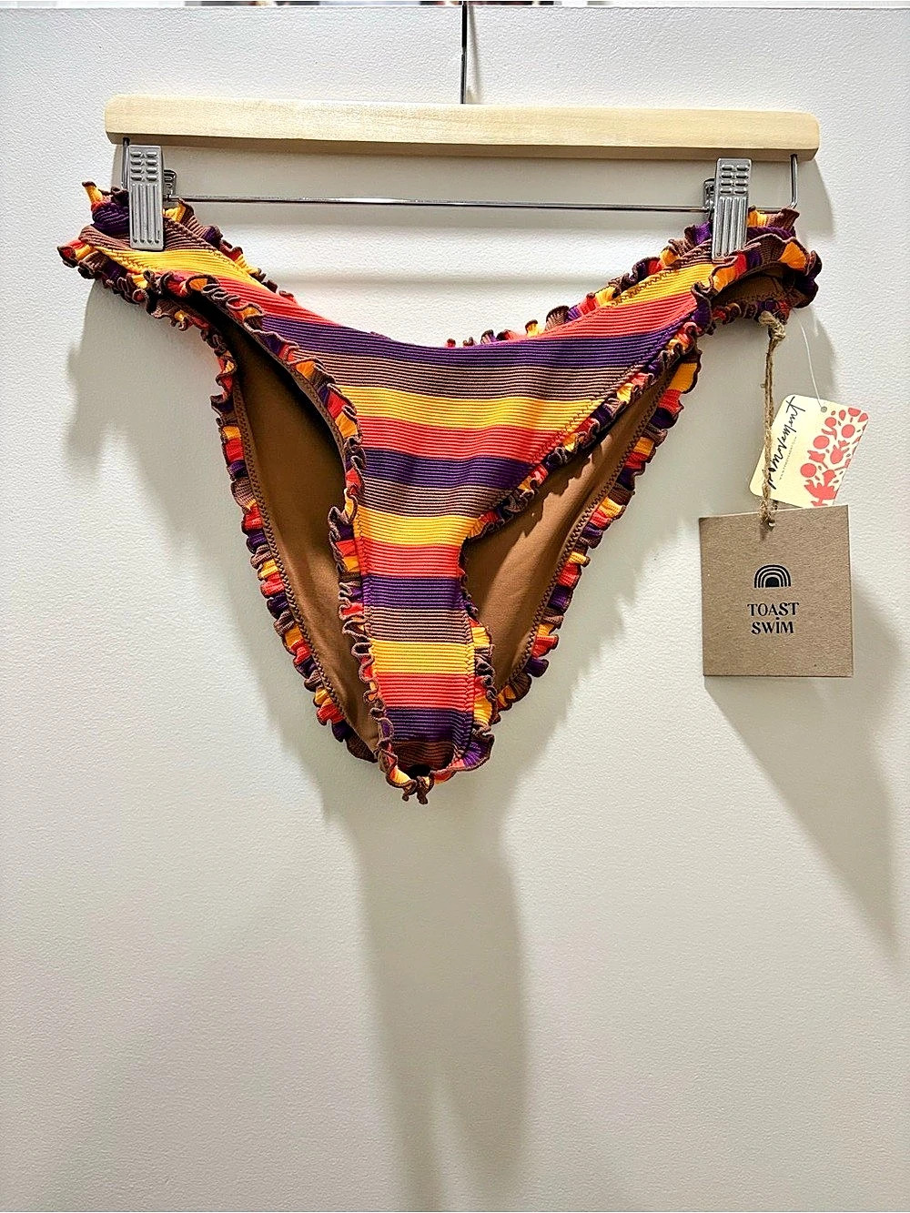 TOAST SWIM Free People Striped Ruffle Bikini Bottom in Purple & Orange NWT